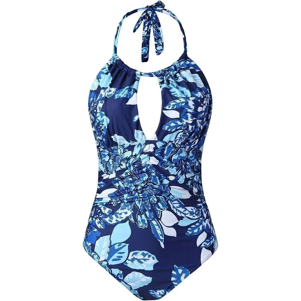 𝅺CastDream Womens Swimsuit Blue Floral Small Halter White Beach Summer New